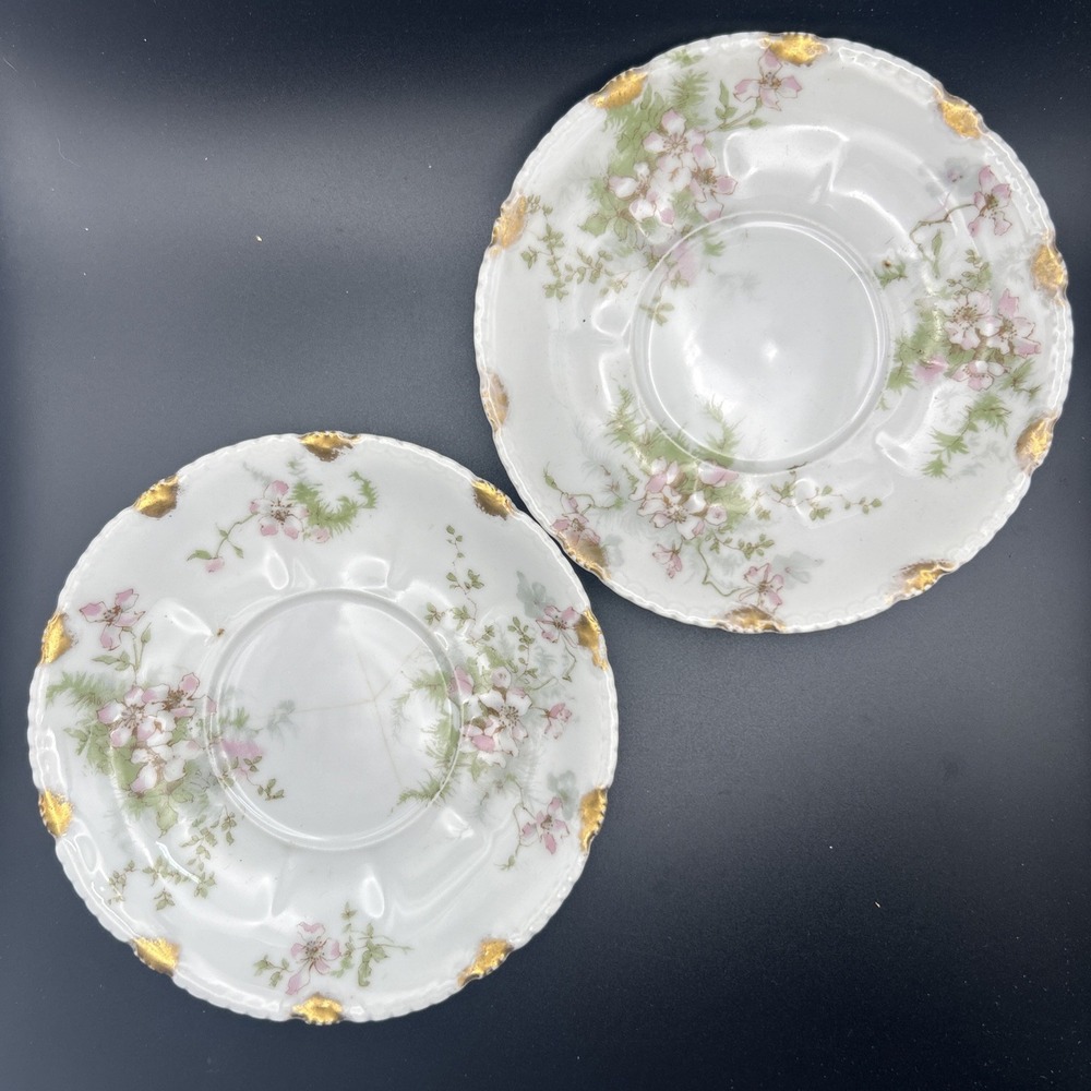 2‎ Saucers Antique Haviland Limoges Schleiger 146 Pink Apple Blossom Gold 5 1/2"